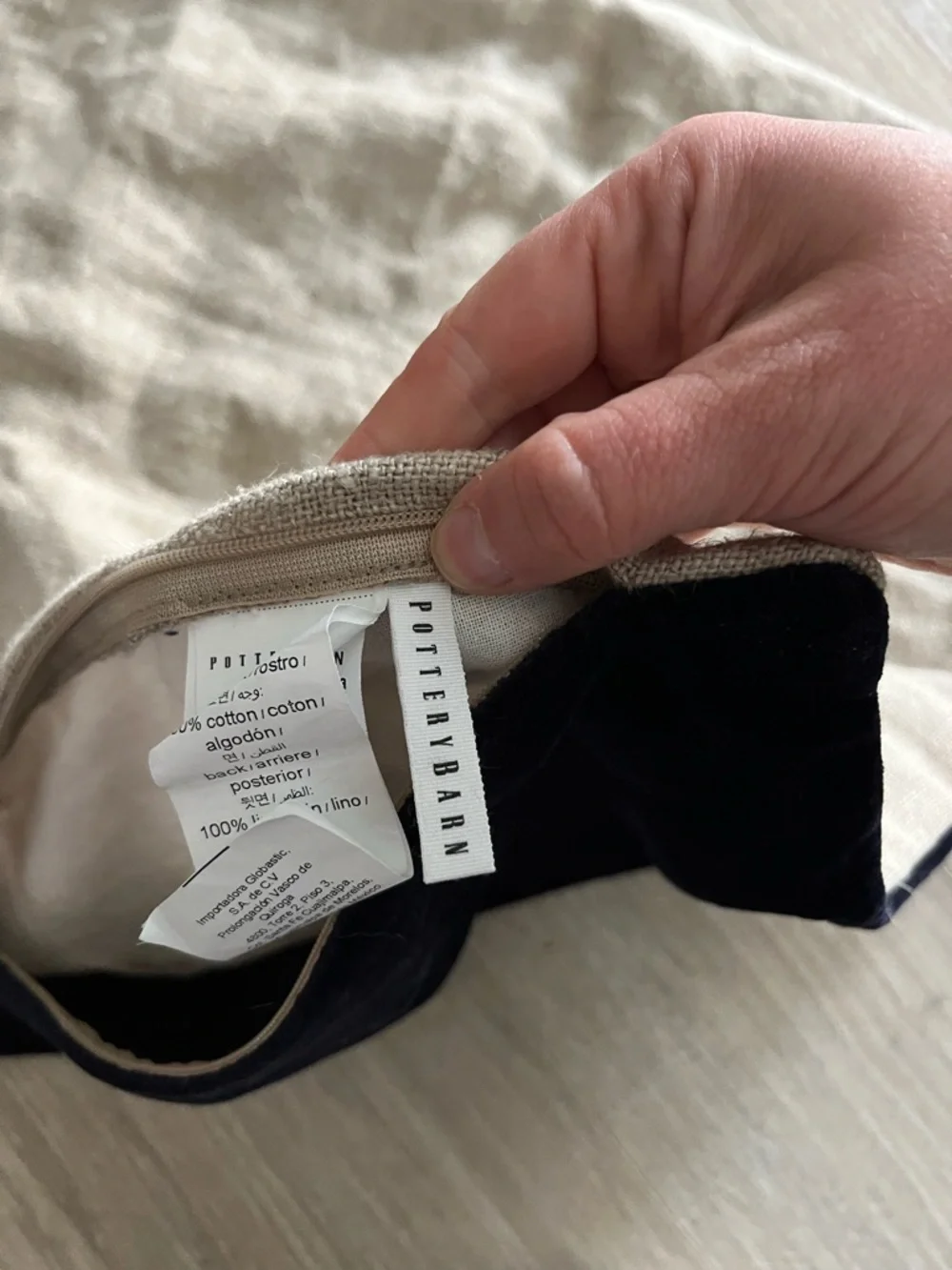Pottery Barn Navy Velvet and Natural Linen Pillow Case 20x20